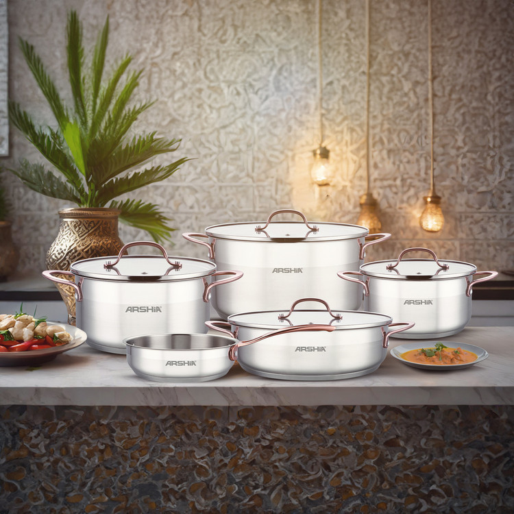 سرویس قابلمه 9پارچه استیل دسته رزگلد عرشیا ARSHIA مدل SS064 - 3175