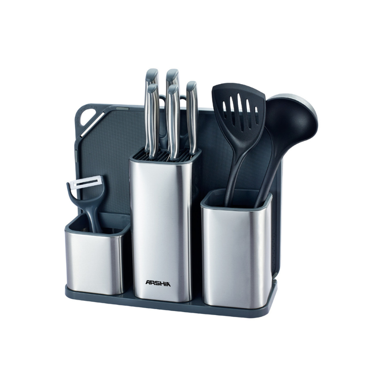 سرویس چاقو ۱۱ پارچه استیل عرشیا بههمراه تخته برش و استند چاقو مدل KS478-3721